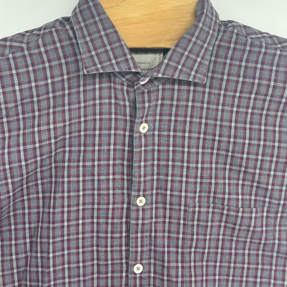 Billy Reid Mens Standard Cut Plaid Button Down Shirt Red Gray Blue Size Medium